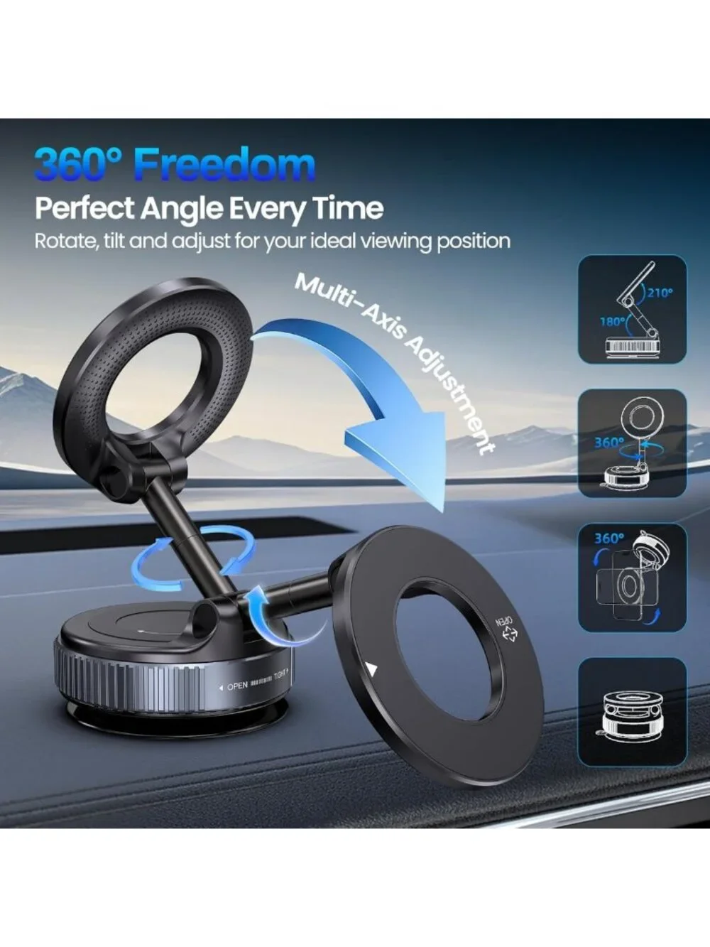 Magnetic Car Phone Holder - 360° Adjustable Suction Mount for iPhone & Magsafe